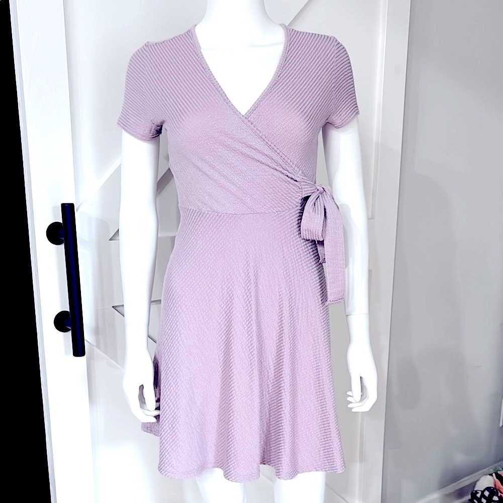 Lavender Wrap Textured Short Sleeve Fit Flare Flowy Mini Dress
